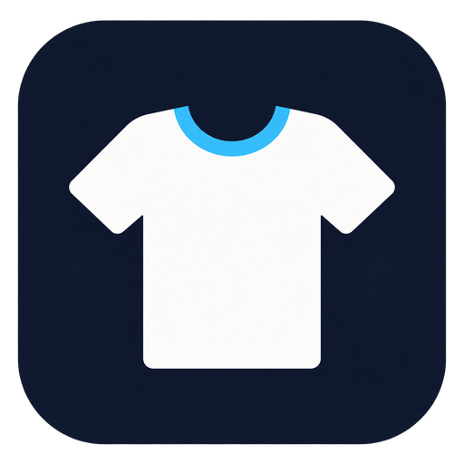 Logo Butuh Baju: kaos putih dengan aksen biru pada latar navy.