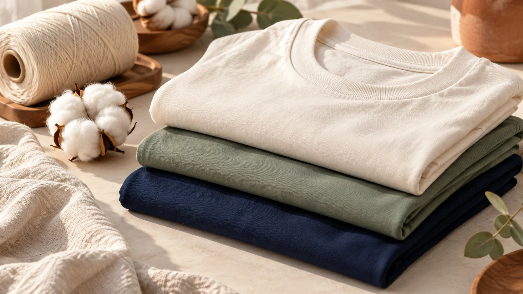 Tumpukan kaos katun warna krem, hijau sage, dan navy dengan gulungan benang.