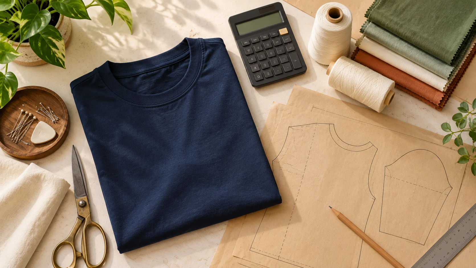 Kaos navy, kalkulator, pola pakaian, benang, dan potongan kain di meja kerja.