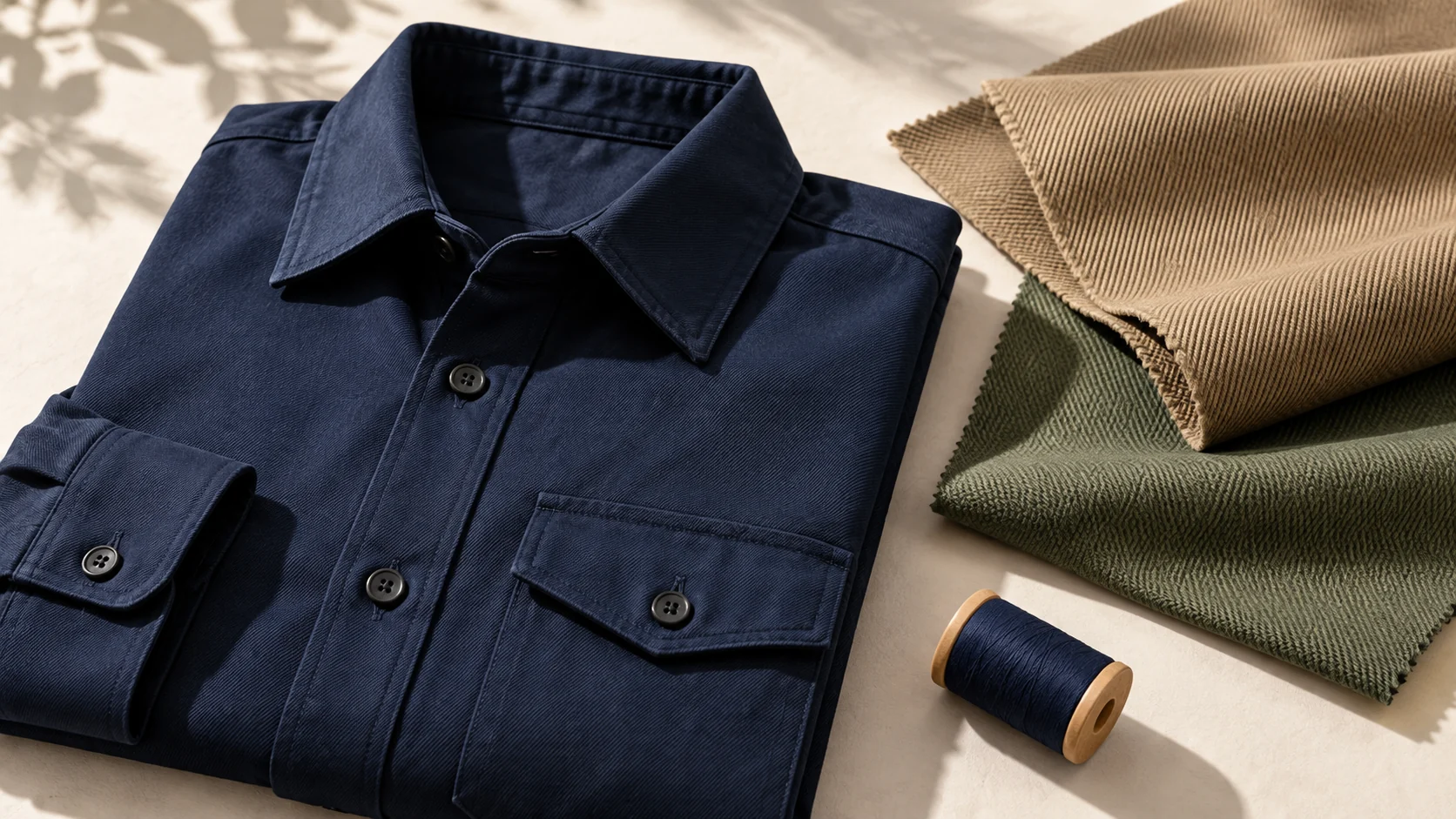 Kemeja kerja navy dengan contoh kain tenun diagonal berwarna cokelat dan hijau.