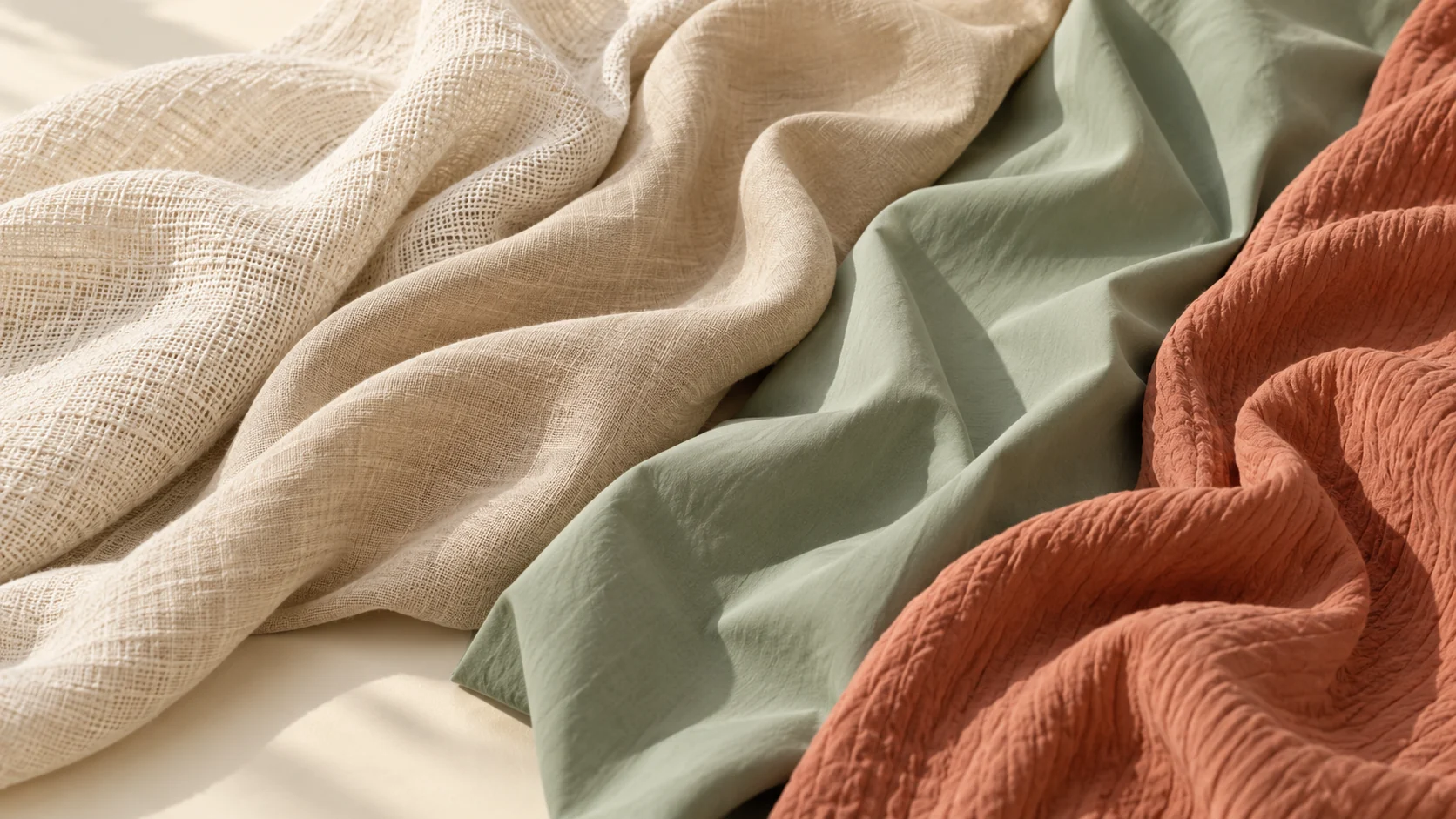 Lipatan kain bertekstur berbeda dalam warna krem, beige, hijau sage, dan terracotta.