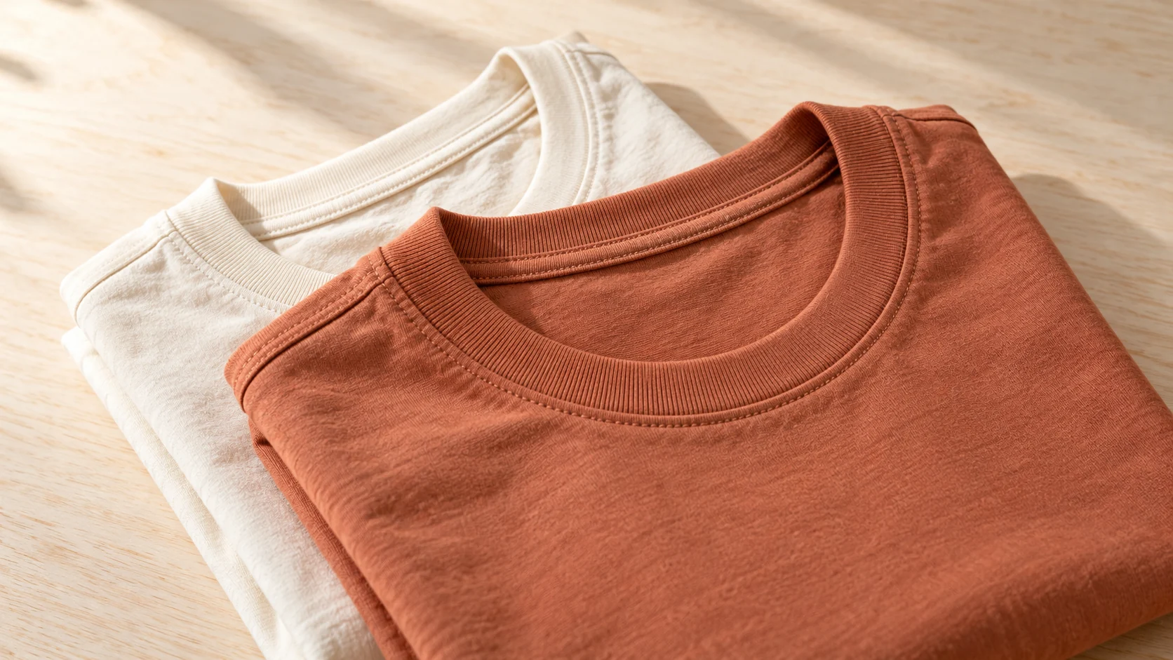 Detail kerah rib dan jahitan pada kaos polos terracotta dan krem.