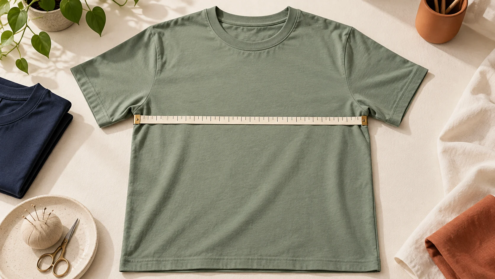 Kaos hijau sage dibentangkan dengan pita ukur melintang dari ketiak ke ketiak.