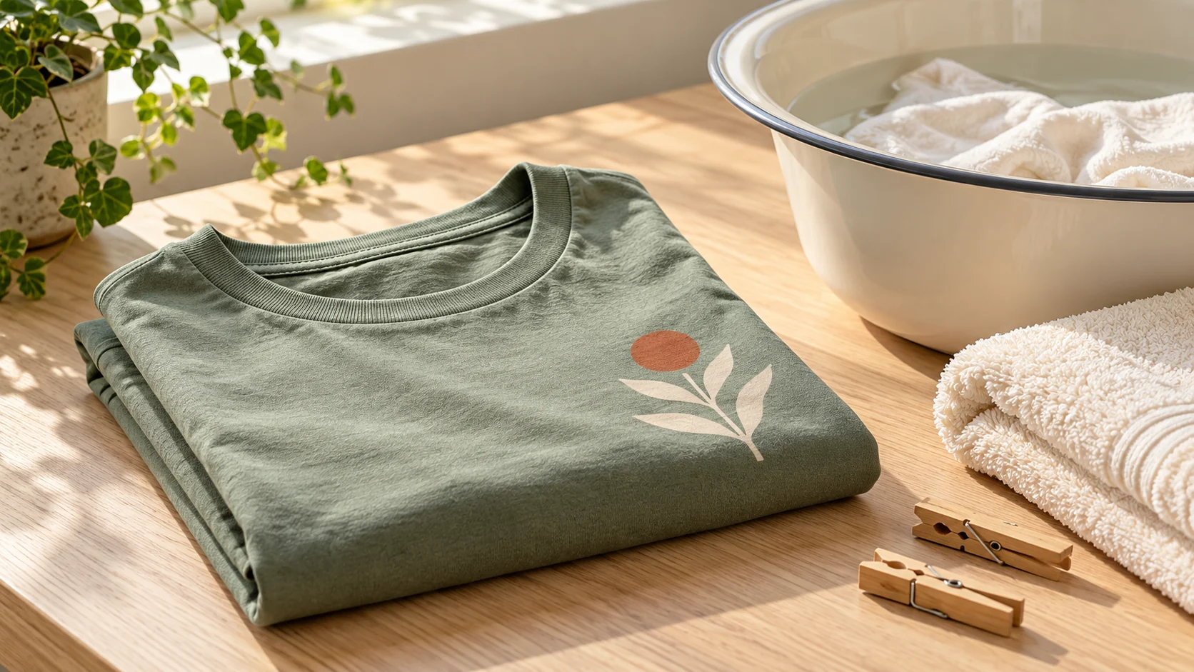 Kaos sablon hijau sage dengan handuk, baskom, dan penjepit pakaian kayu.