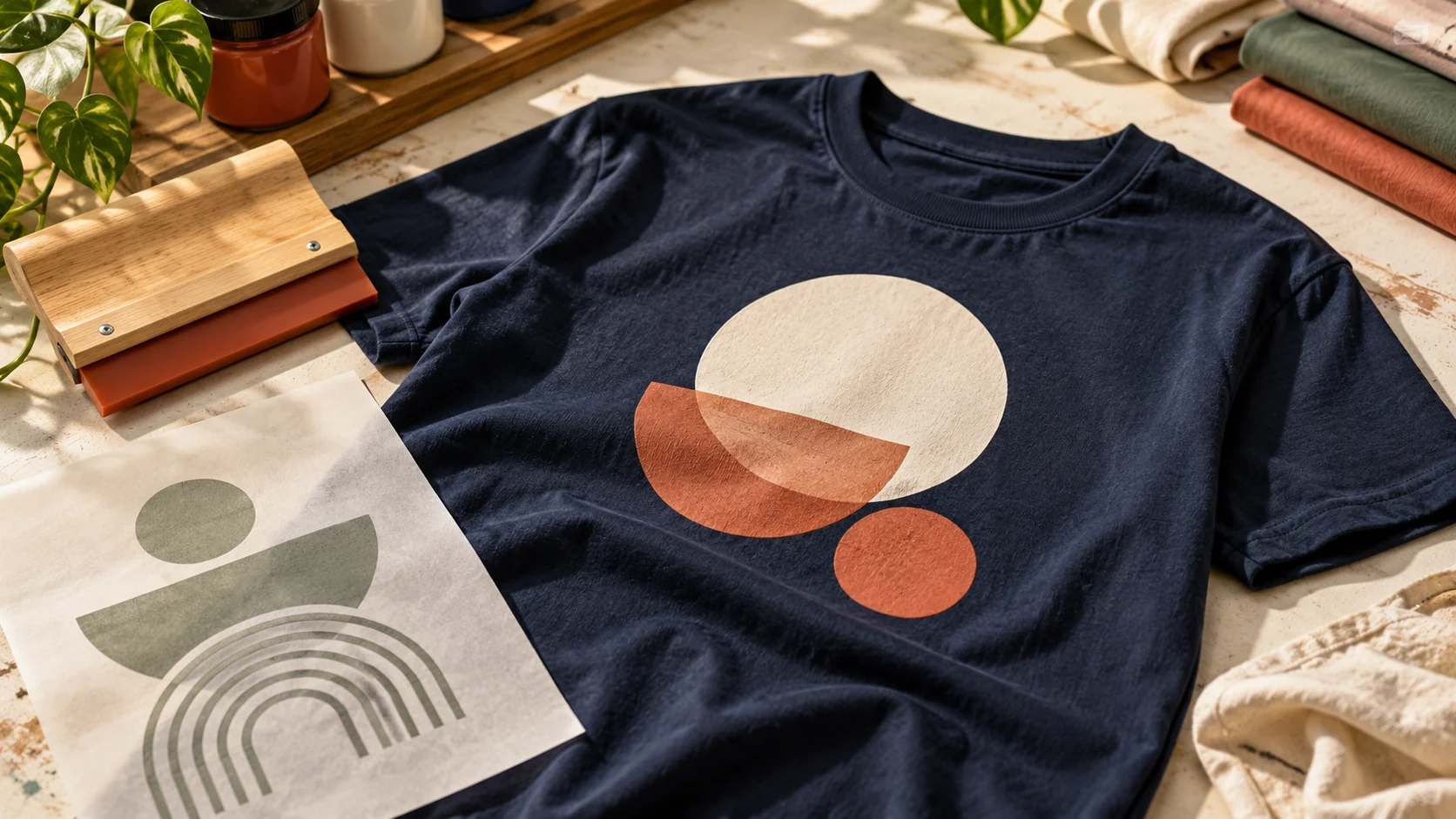 Kaos navy bermotif geometris di samping rakel sablon dan lembar transfer.